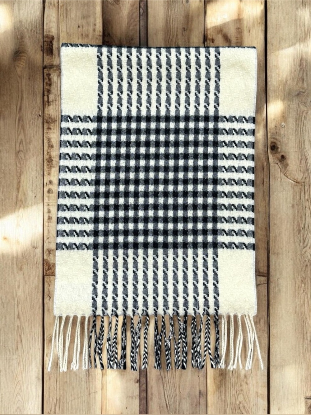 100% Cashmere Scarf Black & Cream Plaid Houndstooth Checkered Scotland